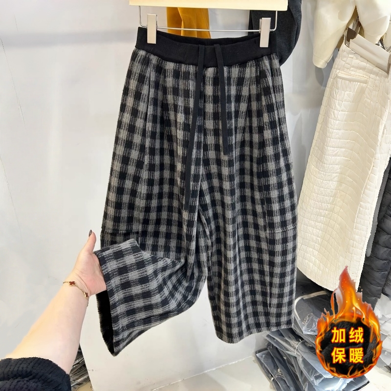 毛呢格子裤女秋冬加绒加厚保暖裤梨型身材145小个子奶奶裤八分xxs