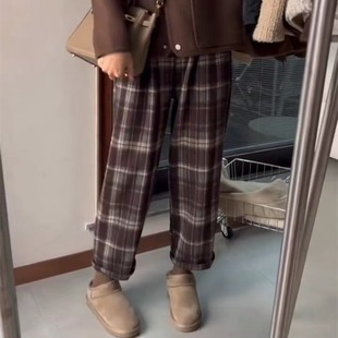 xxs 小个子搭配140高腰宽松九分哈伦奶奶裤 复古格子毛呢裤 女秋冬款