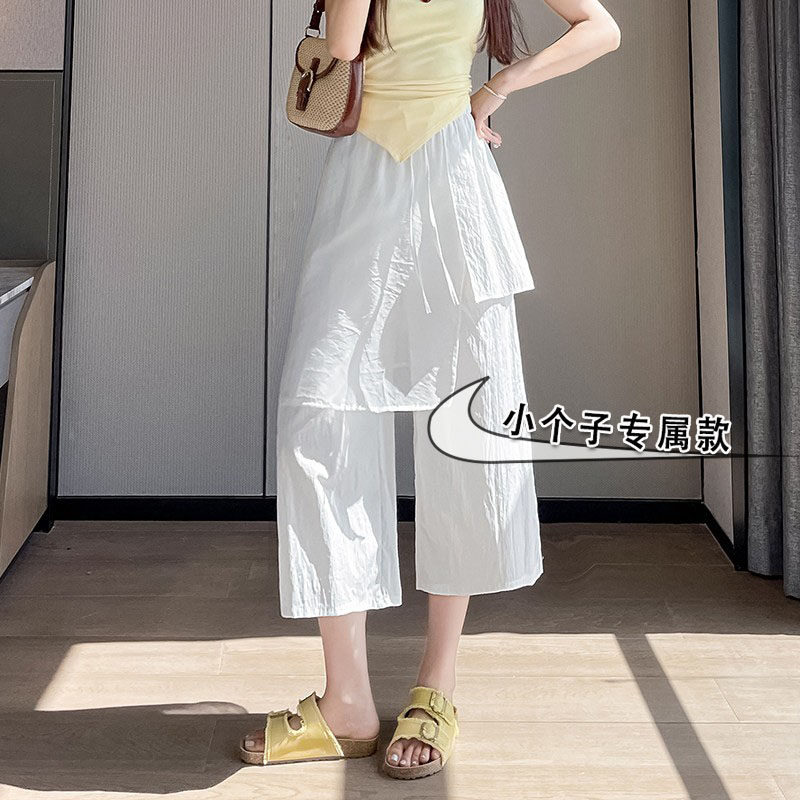 150小个子七八分拼接网纱假两件屁帘裤女夏款高腰直筒显瘦阔腿裤s