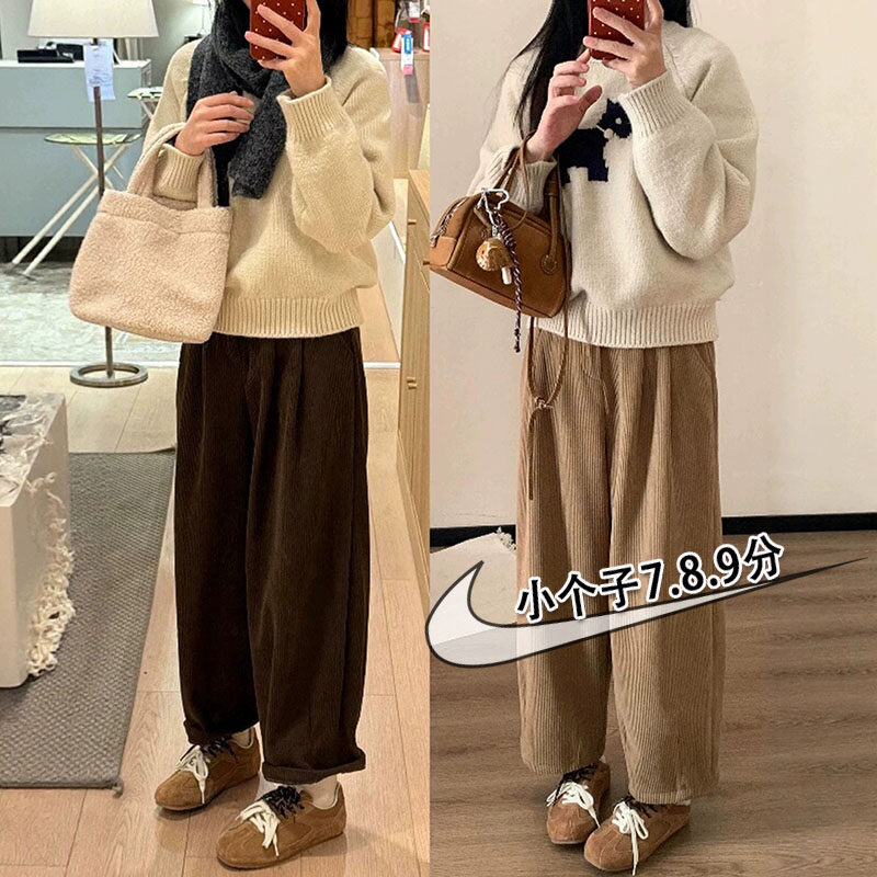 150小个子日杂风松弛灯芯绒裤女高腰宽松休闲七八分萝卜阔腿裤xxs