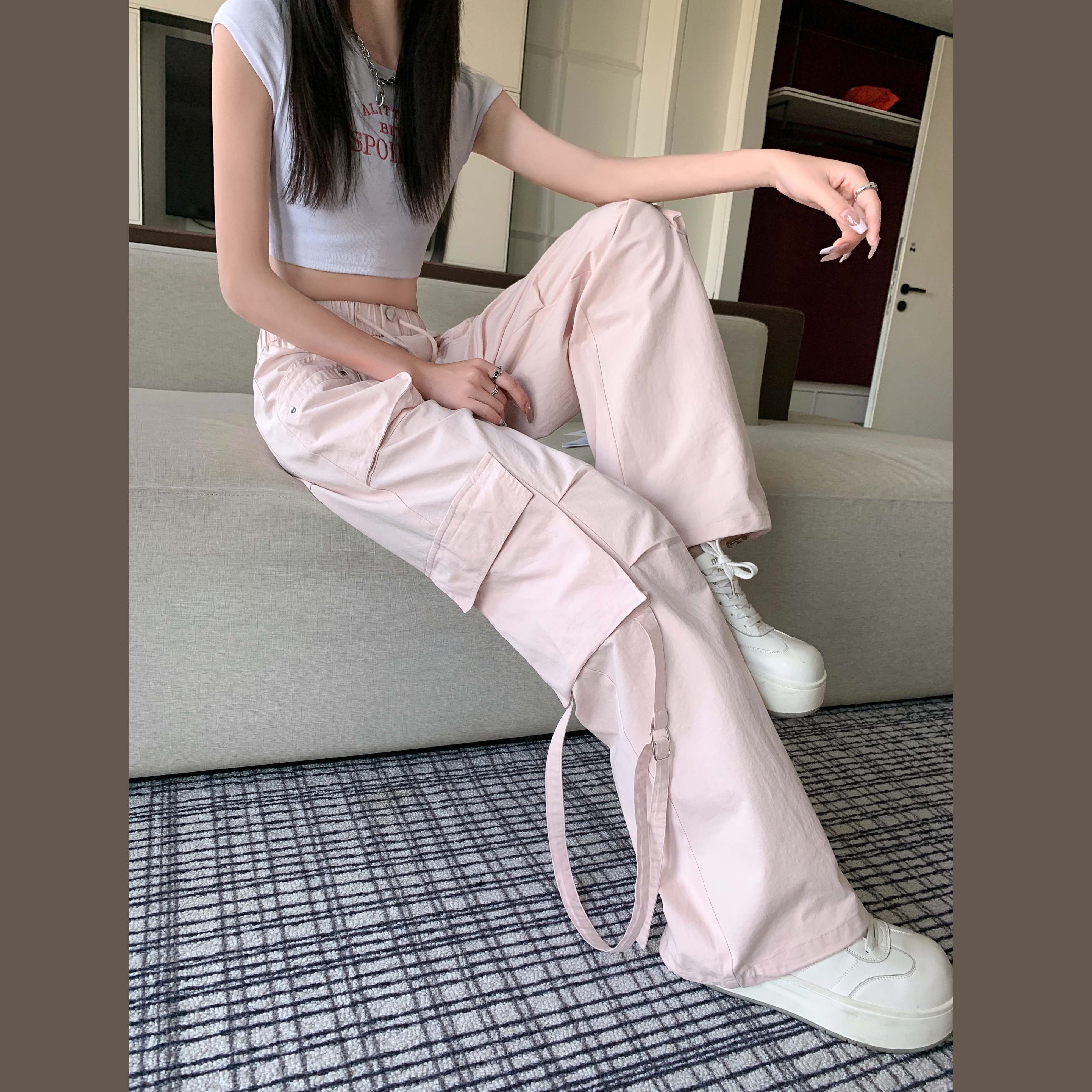 抽绳松紧腰垂感冰丝速干工装裤女夏季薄款小个子九分凉凉休闲裤xs