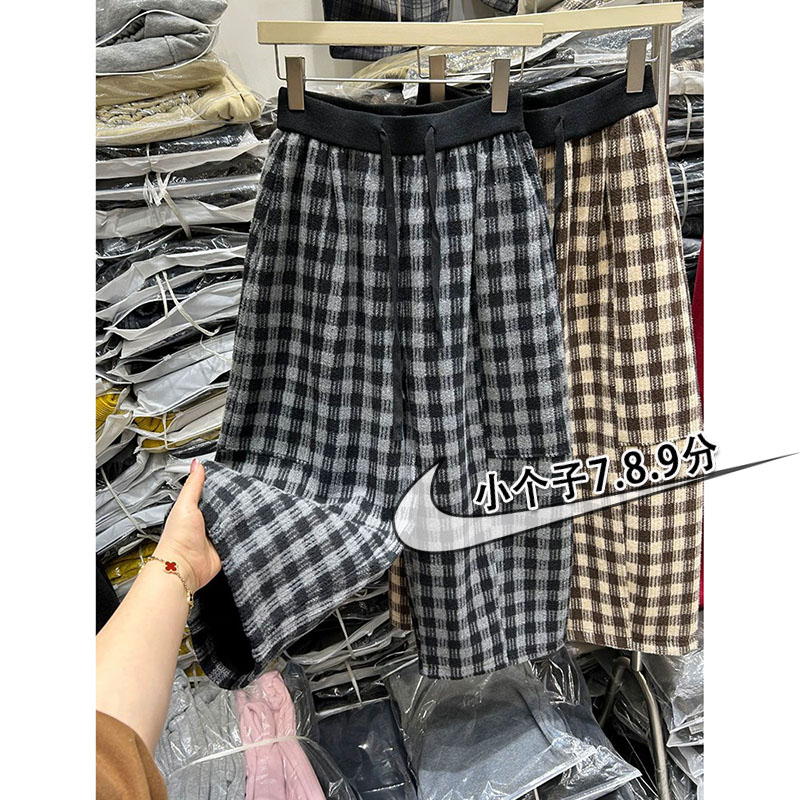 145xxs小个子七分毛呢格子裤女秋冬加绒保暖裤高腰显瘦萝卜哈伦裤