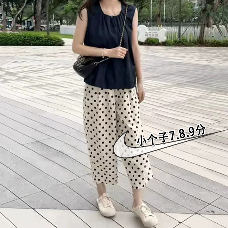 日系冰丝棉波点高腰哈伦裤女夏薄款小个子七八九分显瘦宽松阔腿裤