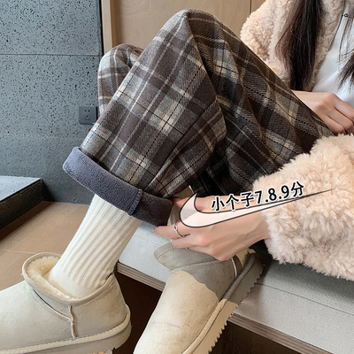 145小个子七分咖色格纹裤子女秋冬加绒加厚显瘦九分毛呢奶奶裤xxs
