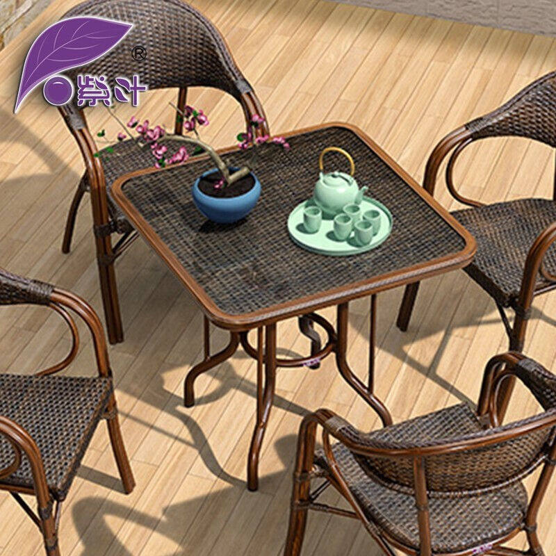 紫叶（ziye）钢化玻璃桌阳台小茶几休闲铝合金藤编圆桌简约家用小