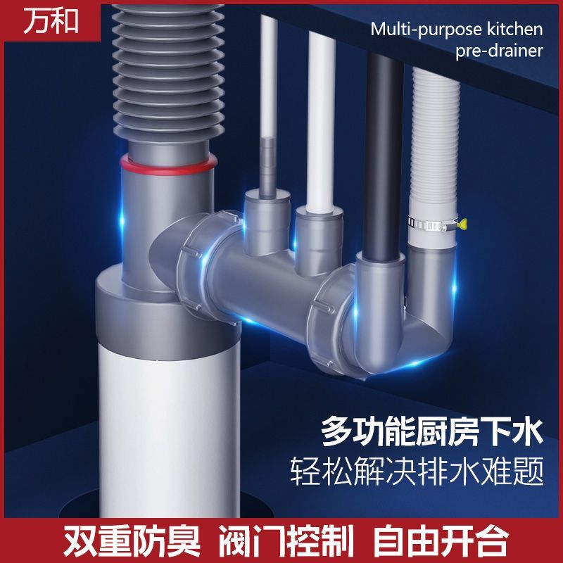 万和厨房下水管三通管道防臭神器排水管洗碗机净水器三头通接头