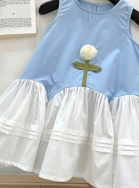 新款2025女小童连衣裙洋气儿童夏装无袖背心裙子宝宝蓝色公主裙潮