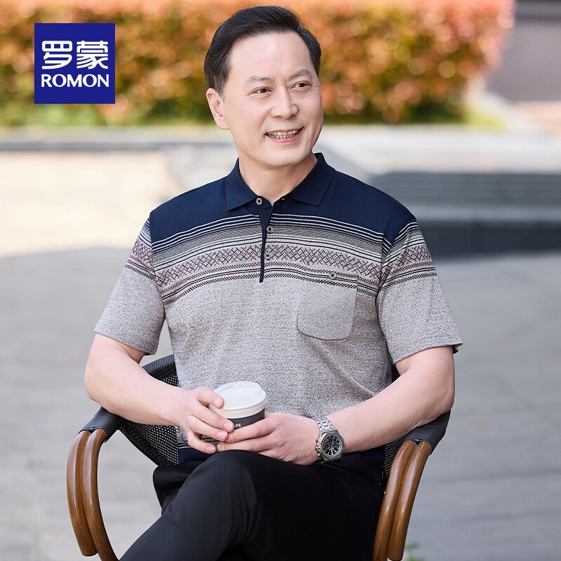 罗蒙中老年商务休闲短袖POLO衫男2026夏季新款针织撞色T恤爸