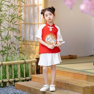 龙图腾女童旗袍中大童唐装 儿童表演服新中式 春夏季 汉服短袖 演出服