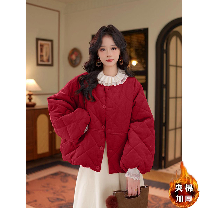 韩系红色夹棉短款单排扣外套