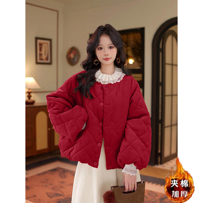 韩系红色夹棉短款单排扣外套