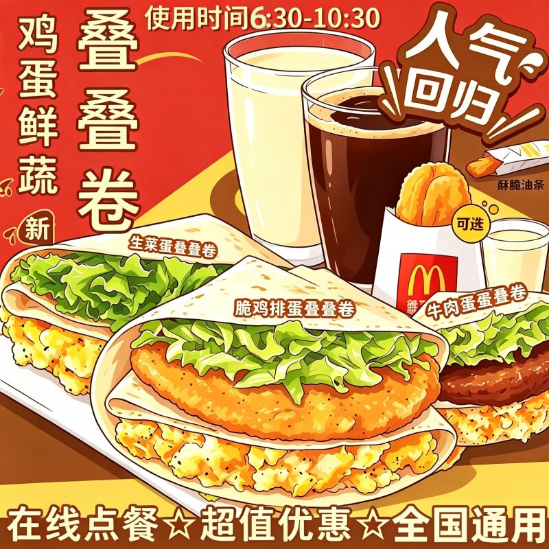 麦当劳早餐薯饼生菜蛋沙拉叠叠卷豆浆脆鸡排全国通用代下单优惠券