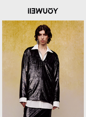 YOUWEI有尾春季黑葱丝绒夹层V领女长袖衬衫Y1624116