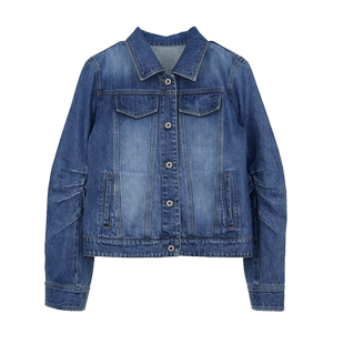 YOUWEI有尾2024秋季皮革水洗袖收褶牛仔茄克复古外套Y2324315