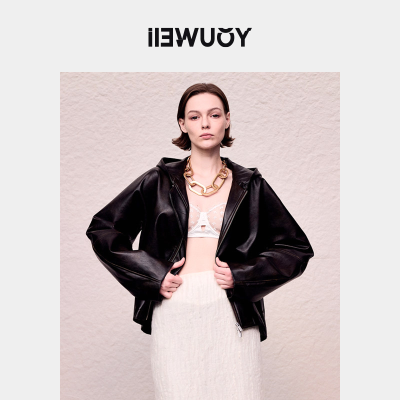 YOUWEI有尾2024秋季皮夹克褪色重工连帽皮衣Y2324311,女装/女士精品,短外套,淘宝优惠券,粉丝福利购,淘宝优惠卷