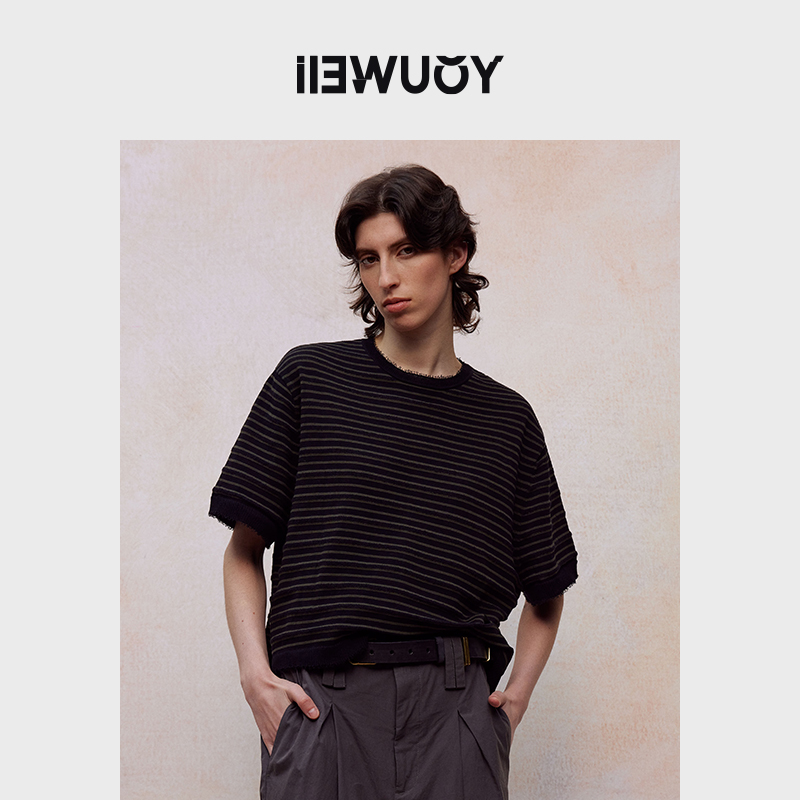 有尾短袖女T恤肌理条纹针织衫