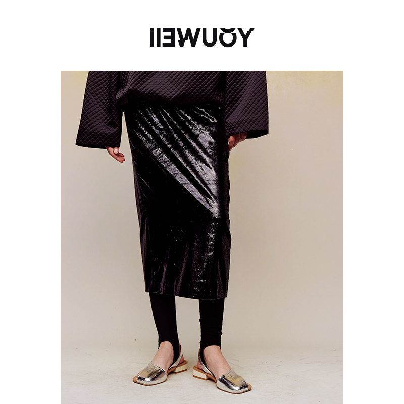 有尾女装下装黑葱丝绒开衩半裙