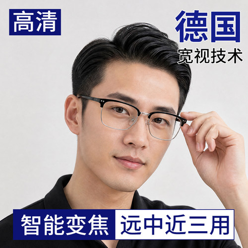远中近三用智能自动变焦老花镜男