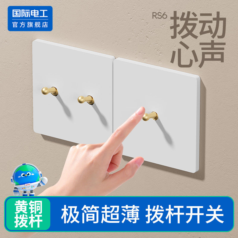 国际电工极简黄铜拨杆开关超薄家用酒店厨房暗装86型单开双控插座