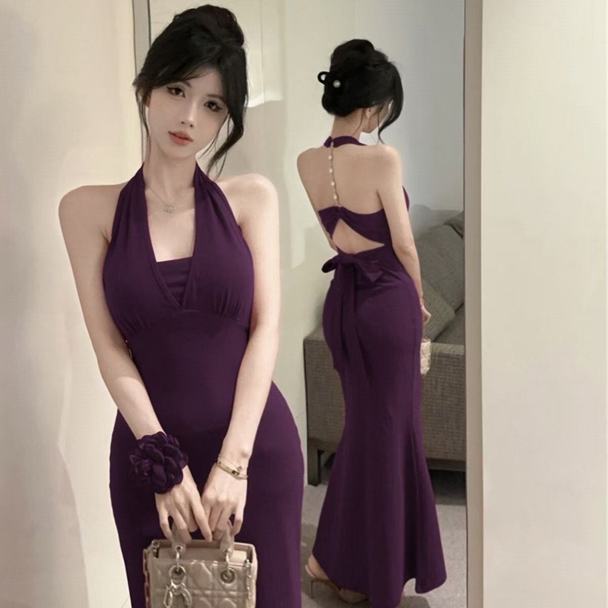 纯欲性感紫色挂脖吊带连