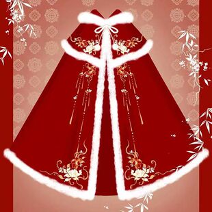 女童汉服秋冬季刺绣披风斗篷中国风加厚保暖小女孩新年披肩拜年服