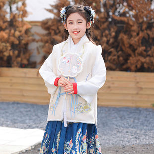 粉色女童汉服马甲新中式国风加绒加厚高端保暖唐装儿童古风秋冬季