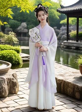 魏晋红色广袖仙女女童2024新款古装交领儿童汉服拍照旅游