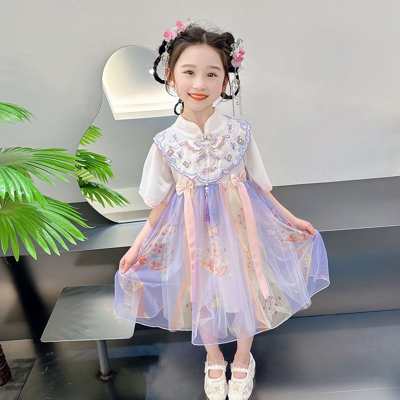 汉服女童连衣裙夏装2025新款中国风儿童古风洋气宝宝盘扣公主裙