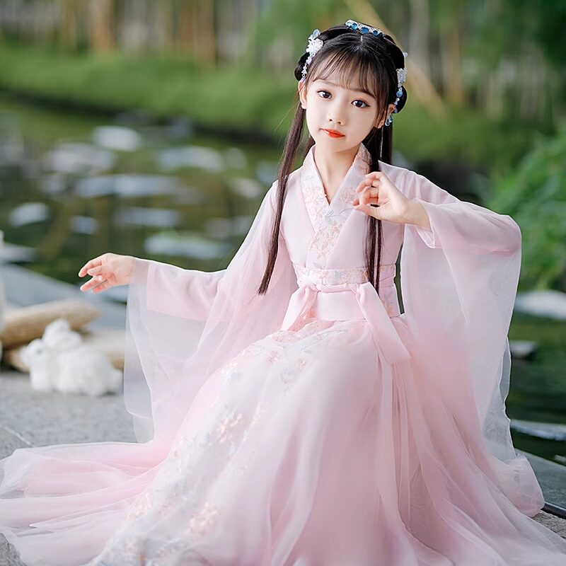 汉服女童春秋粉色裙子古风演出服2026新款儿童古装甜美连衣裙