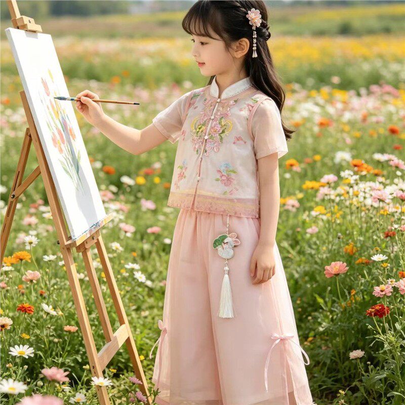 汉服女童2025夏季新款儿童新中式古风裤子套装女孩国风洋气两件套