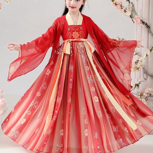 汉服春秋女童连衣裙儿童唐装古风襦裙中国风古典舞演出服超仙薄款