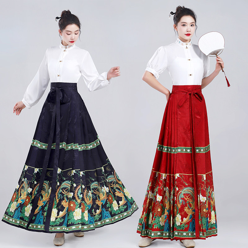 新中式轻国风套装女装2023夏季新款汉服改良立领衬衫提花马面裙长