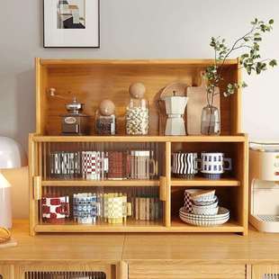 实木桌上收纳柜防尘置物架杯架小型带玻璃柜门边柜多层茶具储物架