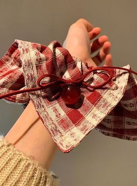 红色樱桃蝴蝶结方巾大肠发圈女韩系高级感扎马尾头绳发饰圣诞新年