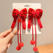 新年红色儿童发夹中国风蝴蝶结流苏发卡女童过年头饰古风汉服发饰