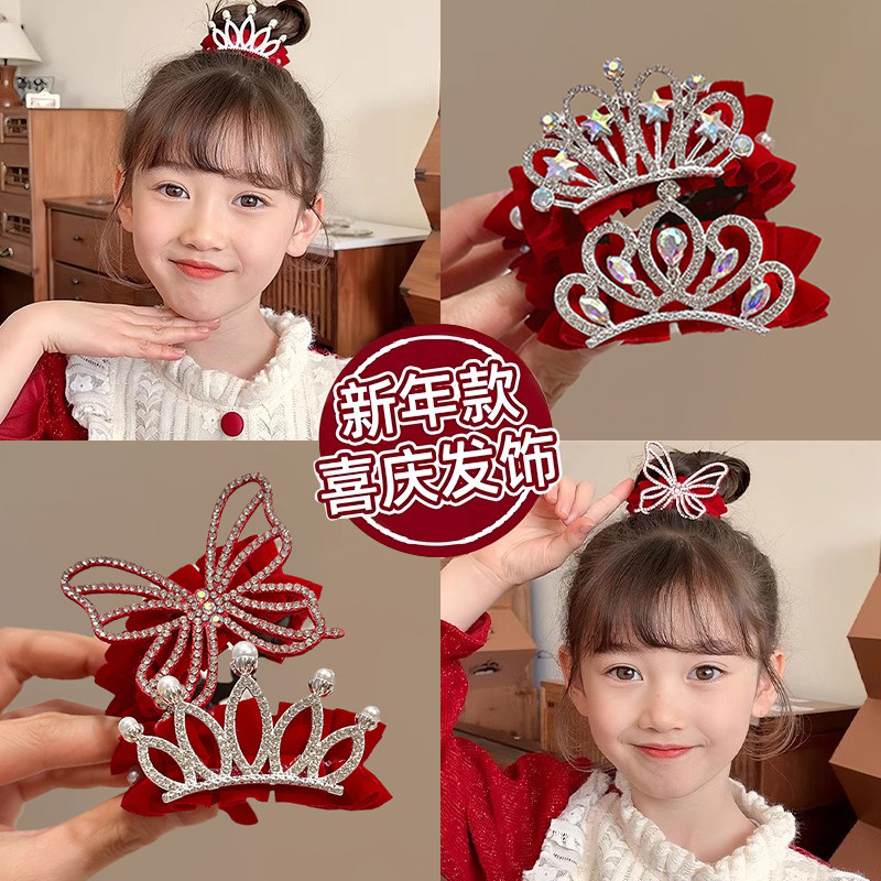 新年喜庆女童红色丸子头发夹
