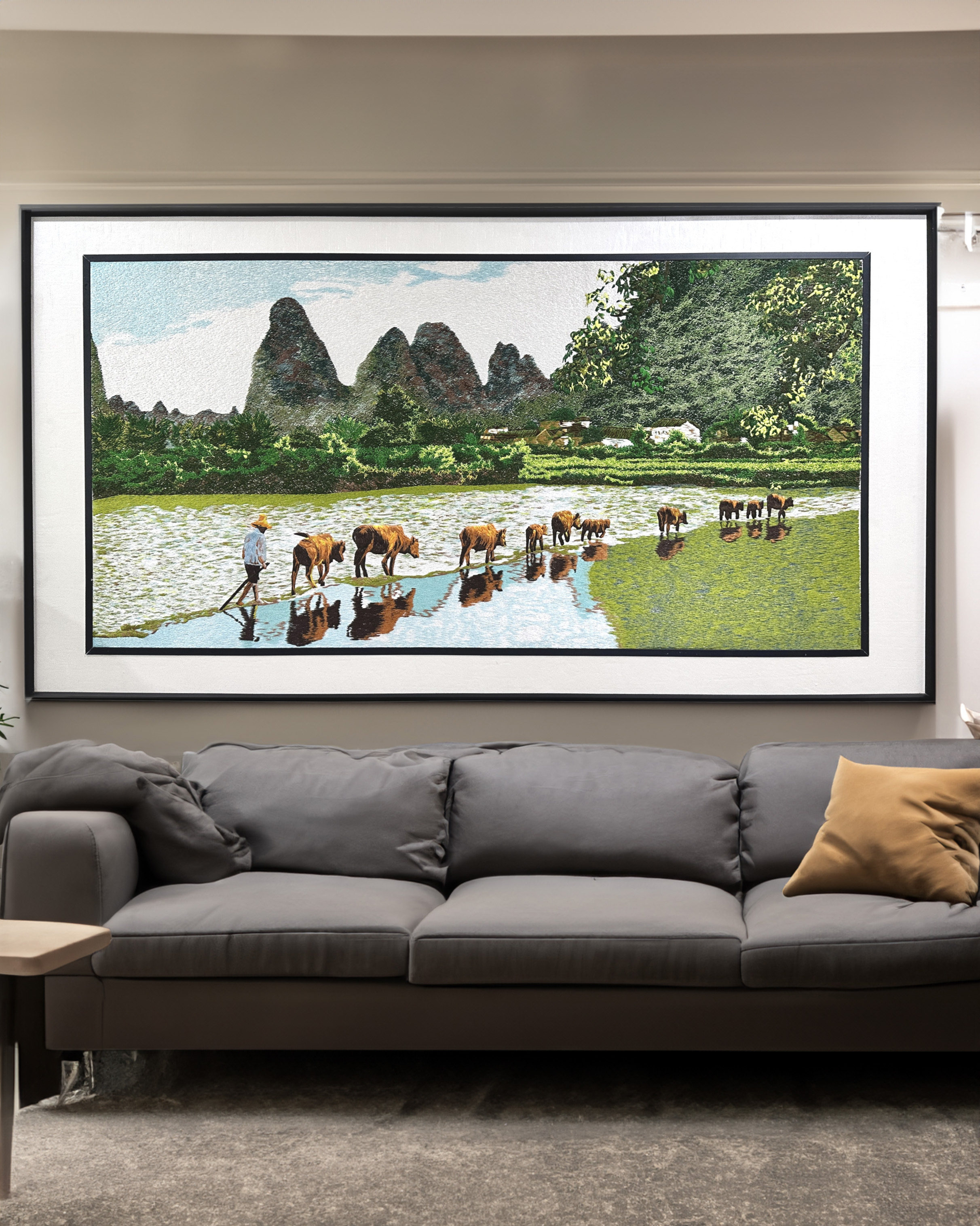 固牌文创 新中式 牧归图刺绣画 长方形挂画 装饰 寓意 办公室送礼