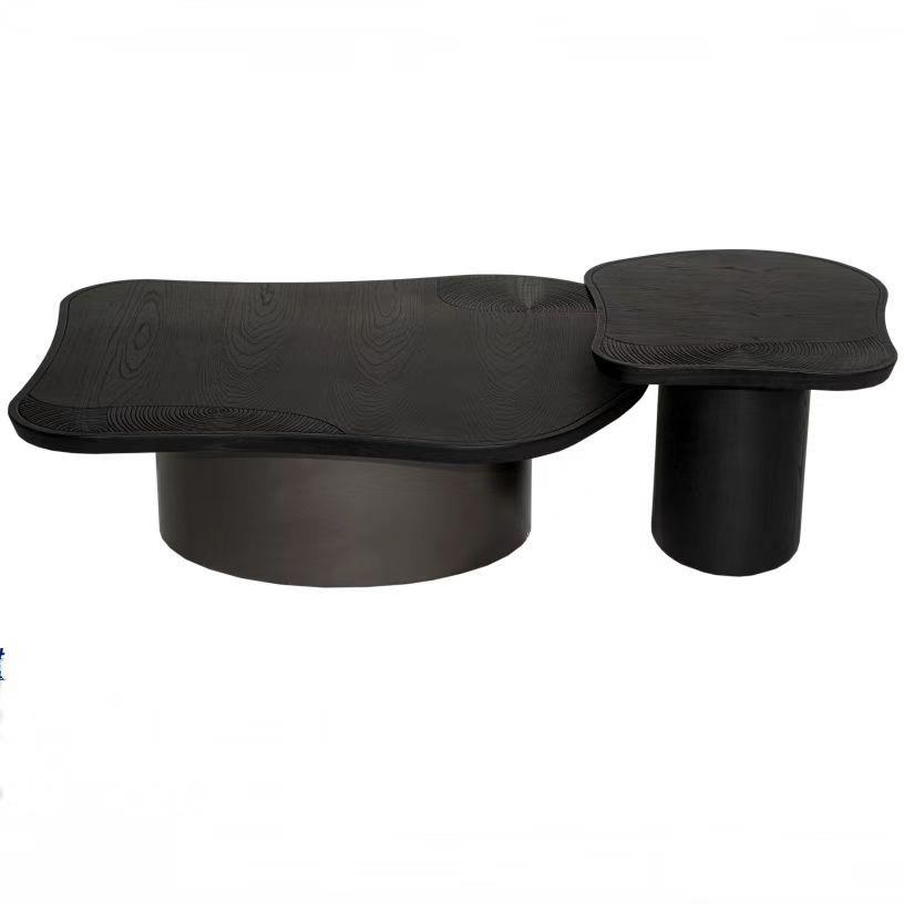 简约黑色茶几样板间椭圆茶几高低组合轻奢家用设计师个性异形茶台