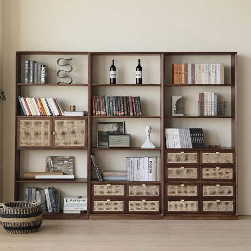 北欧日式全实木组合书柜简约形现代黑胡桃木书架藤编收纳柜置物柜