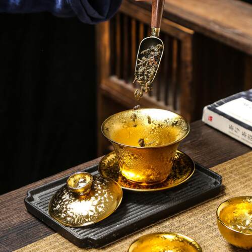 天目釉窑变陶瓷鎏金轻奢三才盖碗茶杯高端七彩建盏功夫茶具泡茶碗
