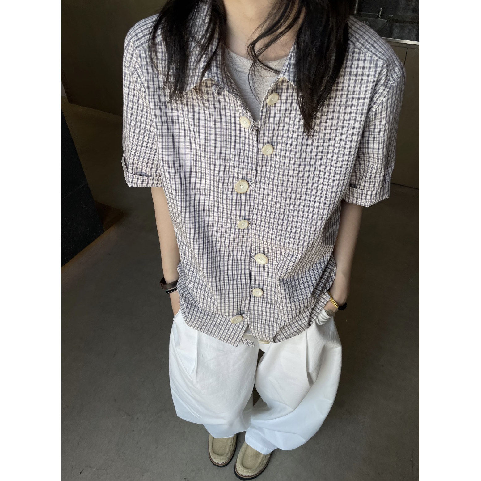 IOPKM 日系高级感多扣格子短袖衬衫复古宽松休闲翻领男女百搭上衣
