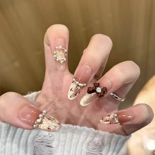 奈姿 纯手工光疗穿戴甲可可小香成品重复使用美甲贴片可拆