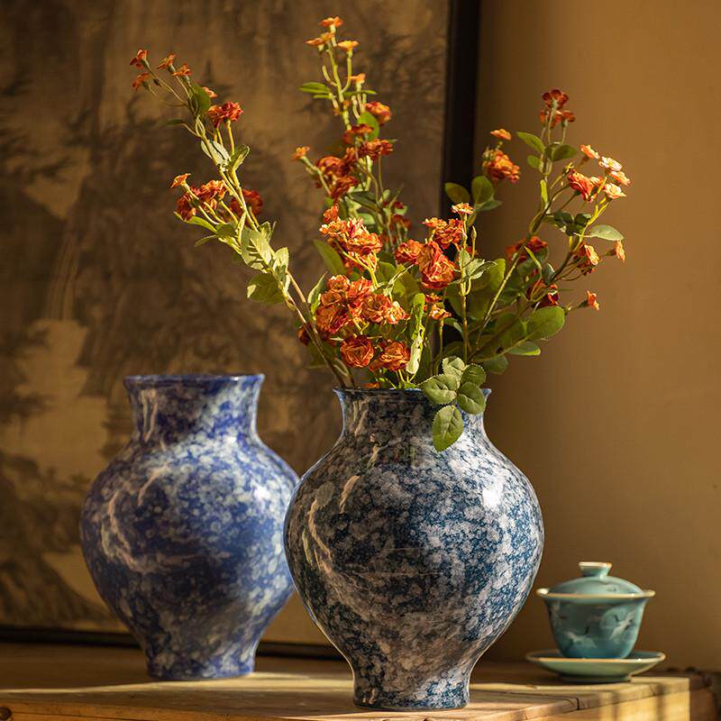 复古水培花器飘花客厅大肚花瓶装饰品陶瓷风摆件口乡村小干花插花