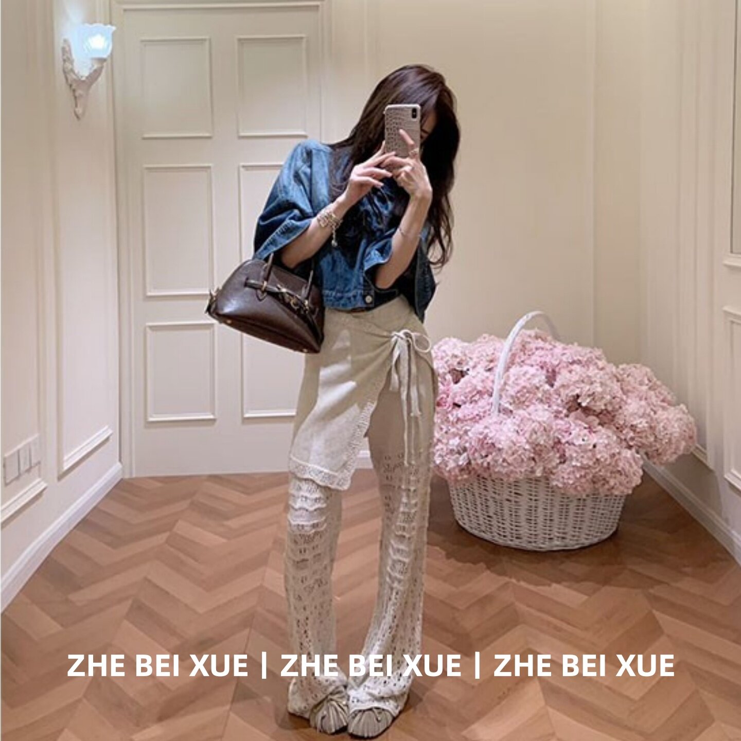 早春套装设计感斗篷式蓝色牛仔短外套屁帘长裤淡人高知穿搭一整套