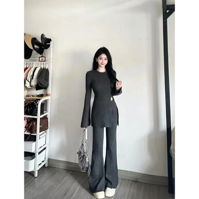 设计感露腰修身打底衫上衣阔腿裤