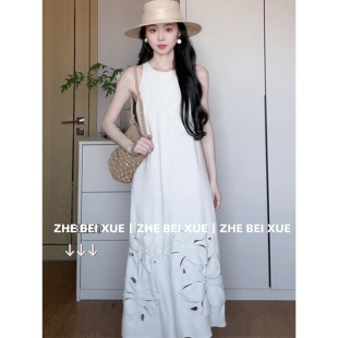 新款 法式 夏季 镂空无袖 高级感海边度假风气质简约长裙子 连衣裙女装