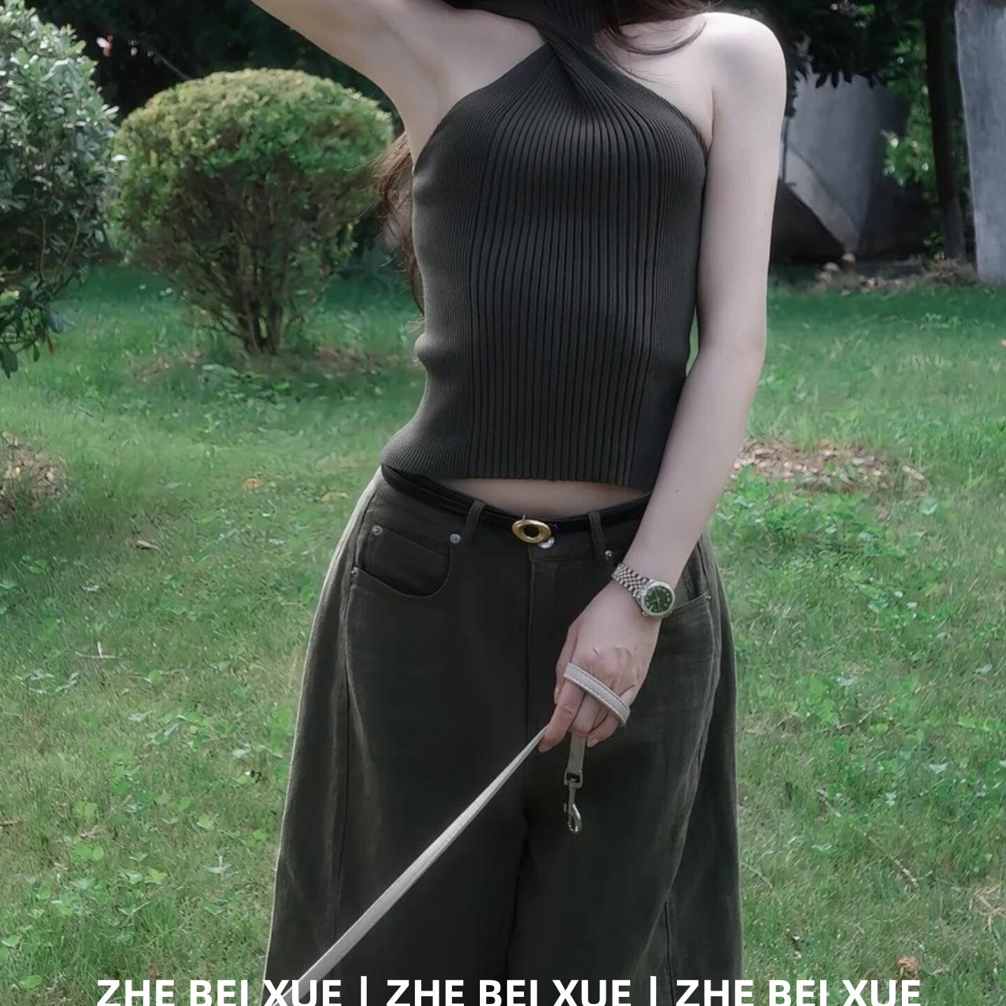 夏季套装辣妹交叉修身显瘦挂脖上衣女百搭七分裤子韩风chic一整套