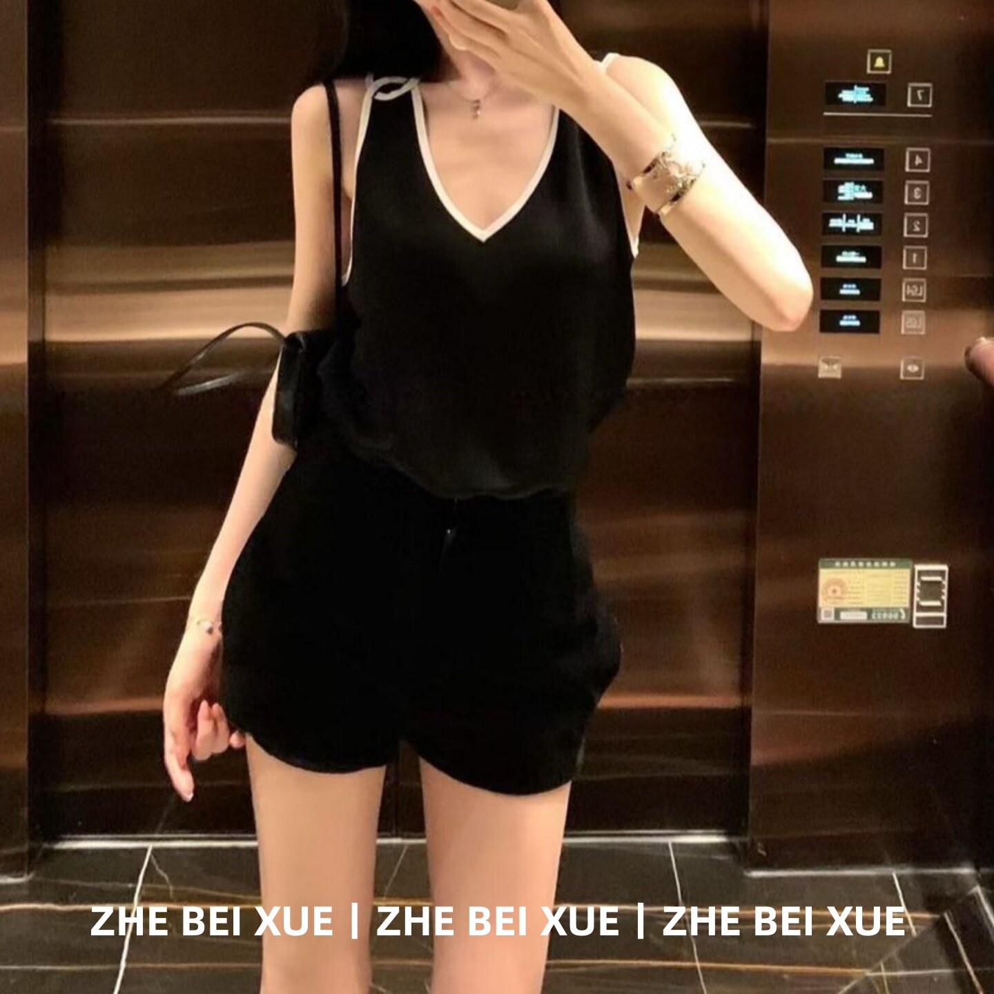 夏季套装黑白拼色修身百搭无袖背心女休闲百搭短裤韩风chic一整套