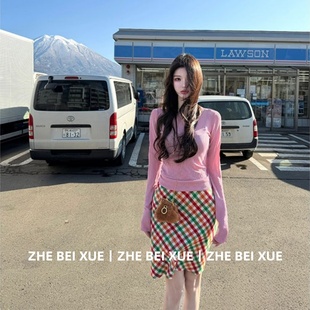 套装女韩系粉紫色修身长袖针织上衣格子半身裙2026超火穿搭一整套