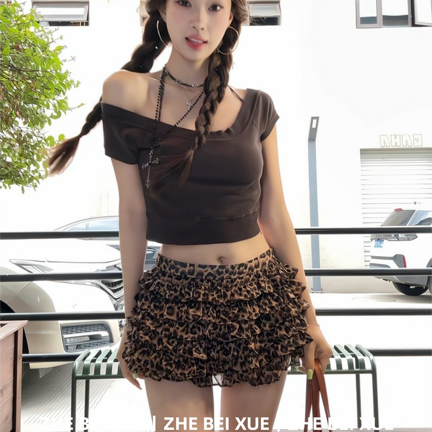 早春漂亮套装辣妹露肩短袖上衣豹纹蓬蓬蛋糕裙淡人高知穿搭一整套